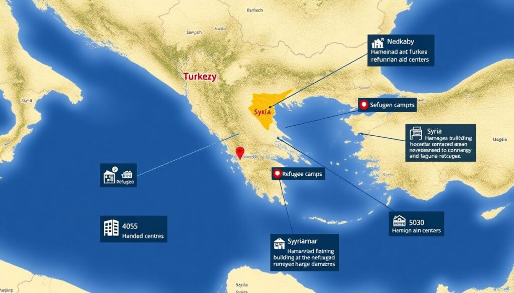 Generate an image of a map highlighting the epicenters of the earthquakes in Turkey and Syria, with icons representing damaged buildings, humanitarian aid centers, and refugee camps.