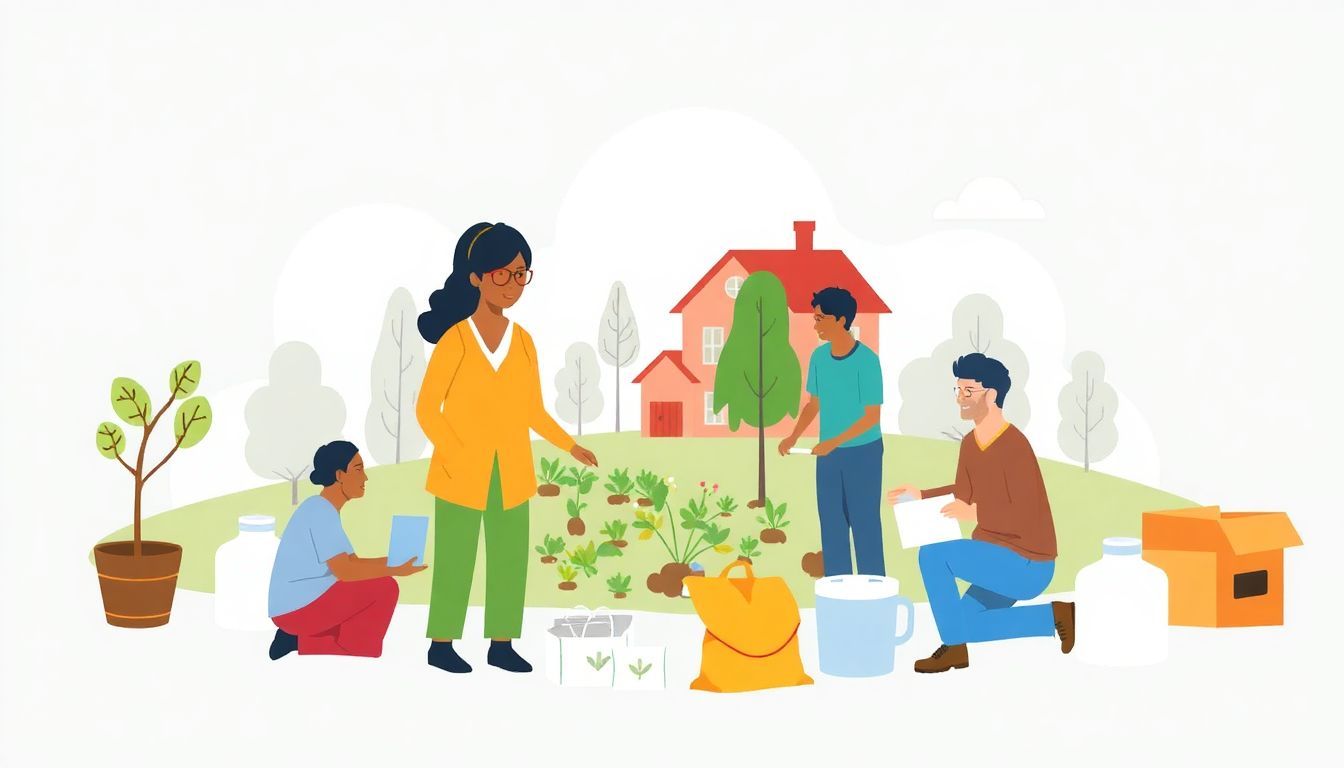 Illustrate a community working together on hazard mitigation activities, such as planting trees, strengthening infrastructure, and preparing emergency supplies.