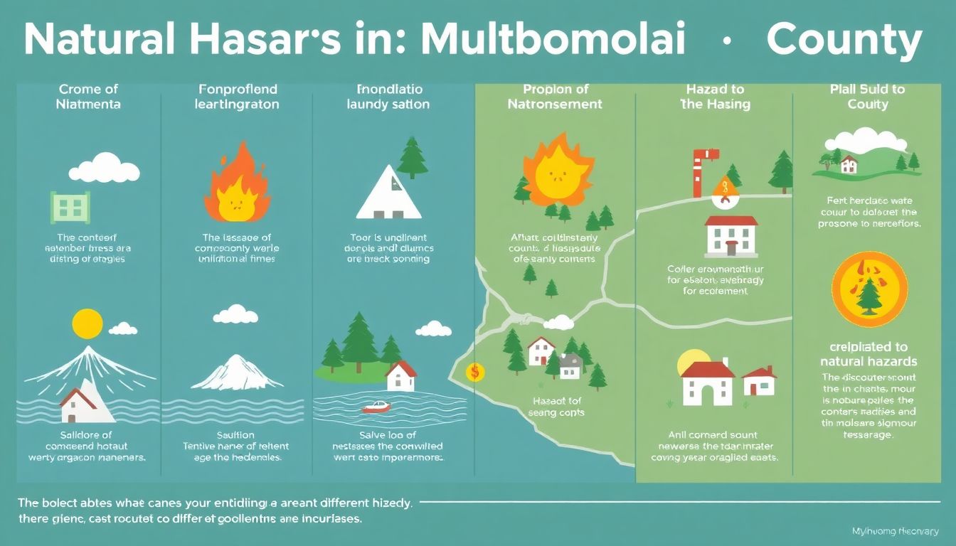 Create an infographic showcasing the different natural hazards in Multnomah County, with visual representations of each hazard and their potential impacts.