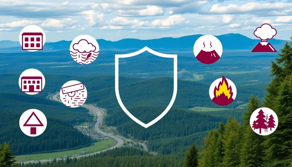 Create an image of a scenic landscape in Multnomah County, with icons or symbols representing the natural hazards discussed in the article, such as earthquakes, floods, landslides, severe weather, volcanoes, and wildfires, surrounding a shield symbolizing mitigation planning.