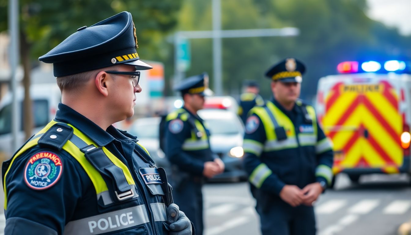 Generate an image of police officers and emergency services responding to incidents, with a focus on their resilience and the community's support.