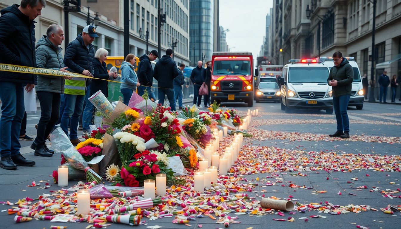 Create an image of a memorial site with flowers and candles, surrounded by concerned citizens and emergency services, with a backdrop of a city street littered with firework debris.