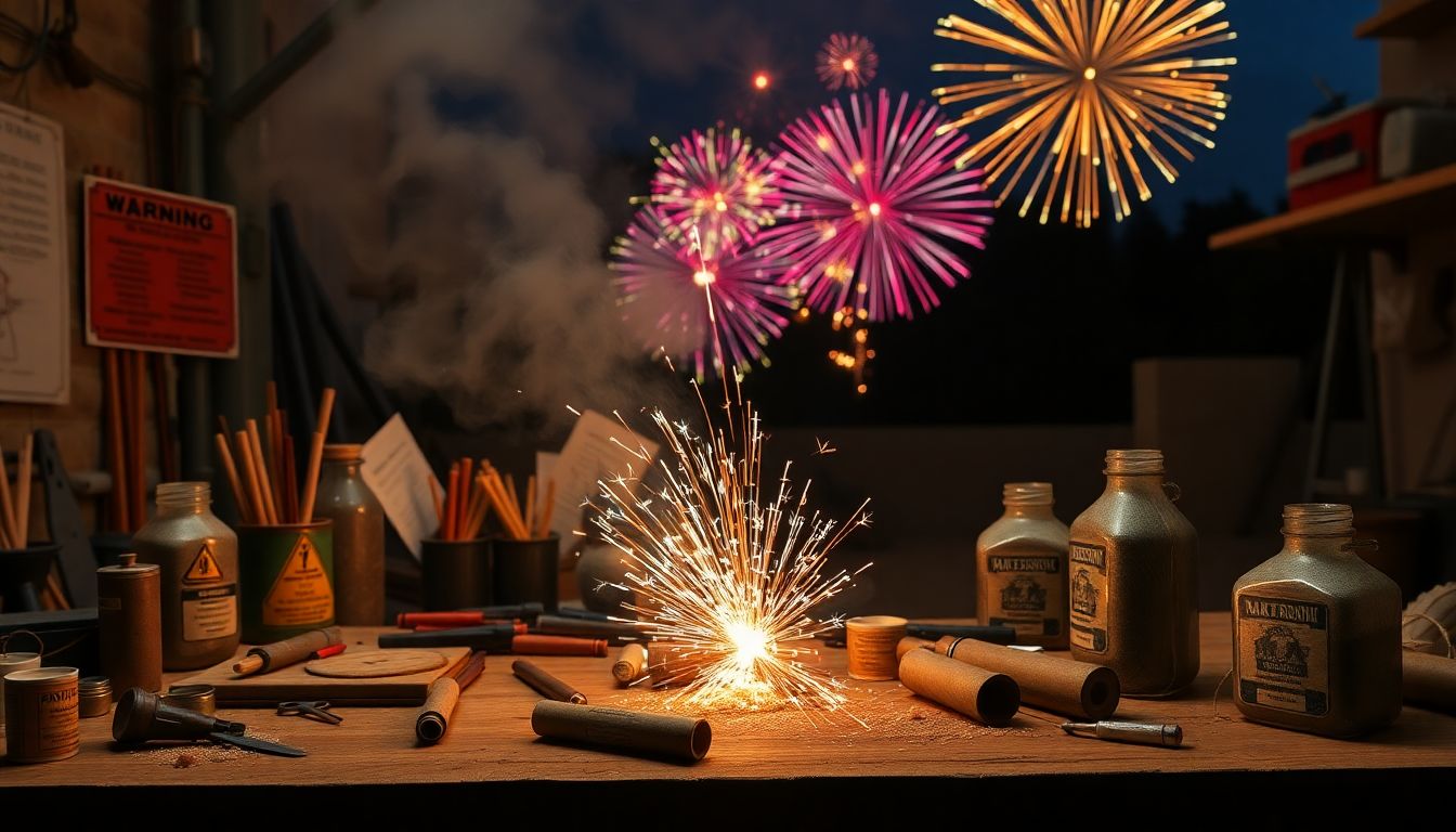 Generate an image of a workshop with homemade fireworks, tools, and safety warnings, contrasted with a safe, organized fireworks display in the background.