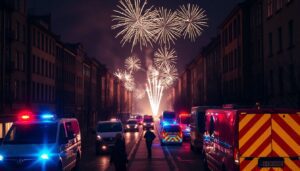 Generate an image of a chaotic night scene in Germany with fireworks exploding in the streets, emergency services responding to incidents, and a somber mood reflecting the tragic events.