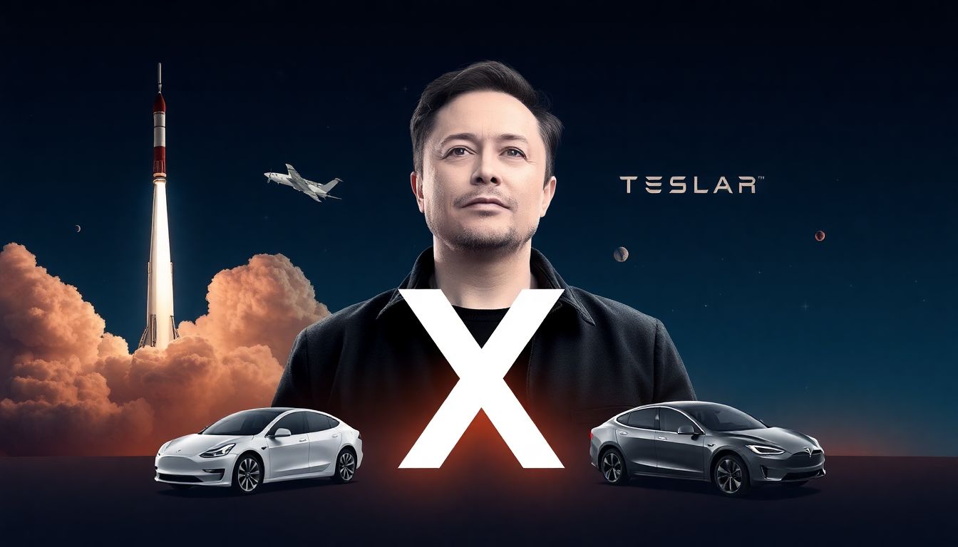 Create an image showcasing Elon Musk's key achievements, including SpaceX rockets, Tesla cars, and the social media platform X, with Musk at the center.