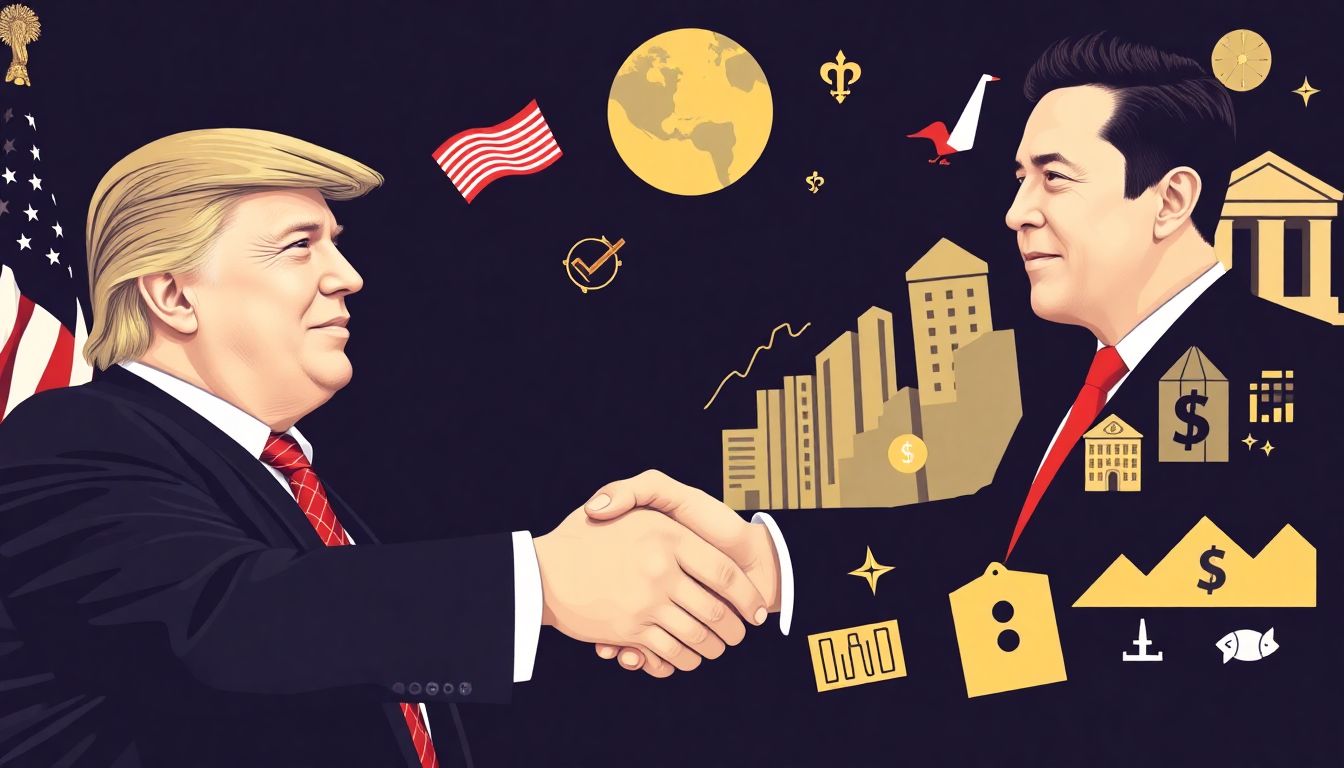 Generate an image of Trump and Musk shaking hands, with political and economic symbols surrounding them, representing their combined influence.