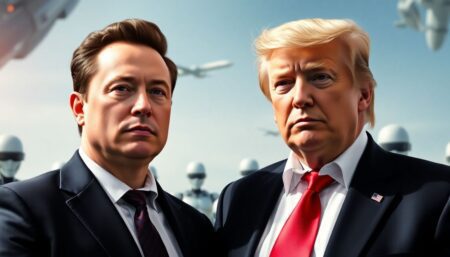 Generate an image depicting Elon Musk and Donald Trump standing together in a futuristic setting, with robotic figures and advanced technology in the background, symbolizing the merger of political power and techno-libertarian ideals.