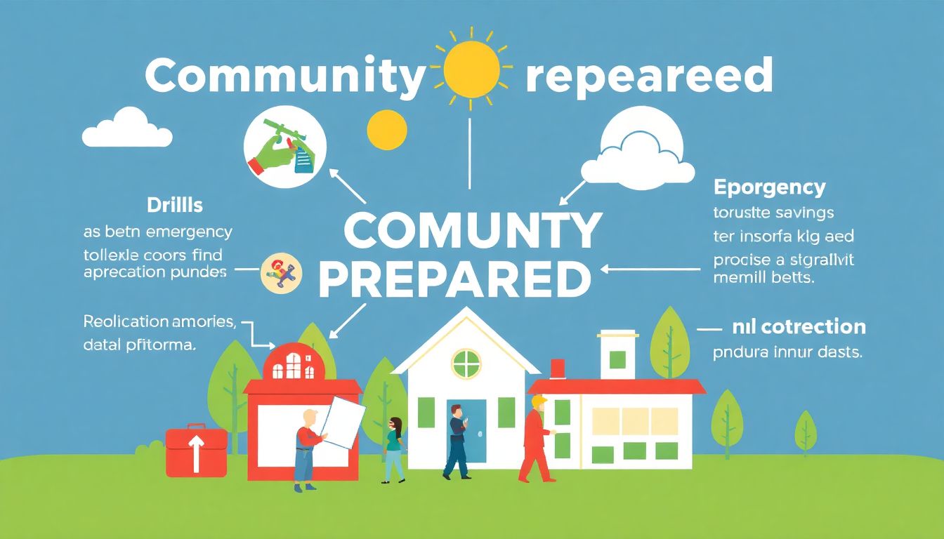 Design a graphic that illustrates community preparedness activities, such as drills, emergency kits, and education programs.