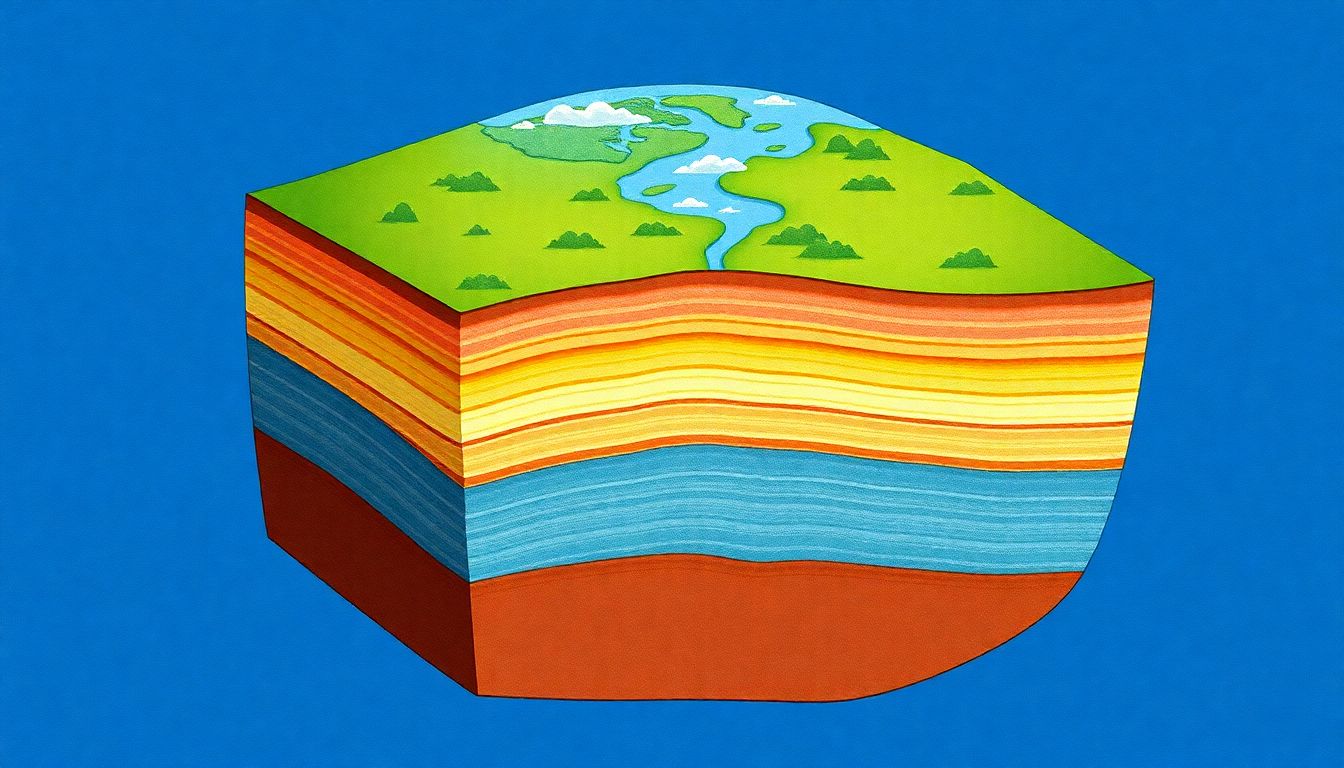 Create an illustration showing the layers of the Earth, tectonic plates, and how earthquakes occur.