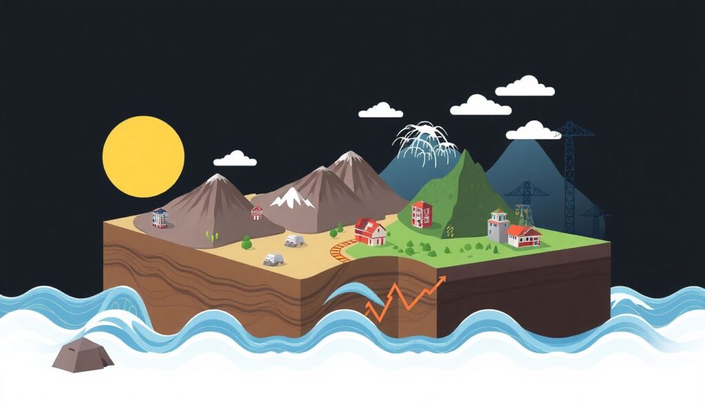 Design an image that captures the essence of earthquake dynamics and disaster prevention, featuring tectonic plates, seismic waves, and resilient infrastructure.