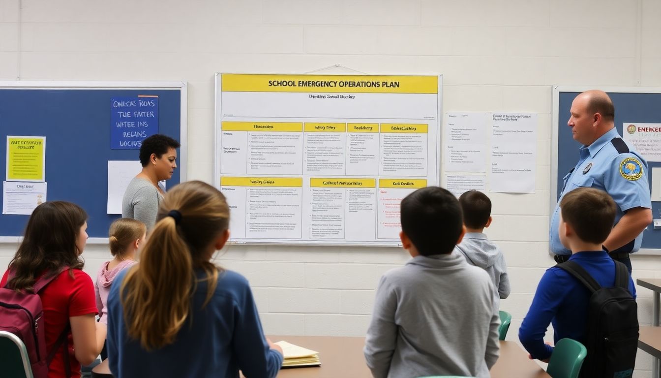 A school emergency operations plan displayed on a board, with teachers and students participating in a drill, while emergency managers observe and provide guidance.