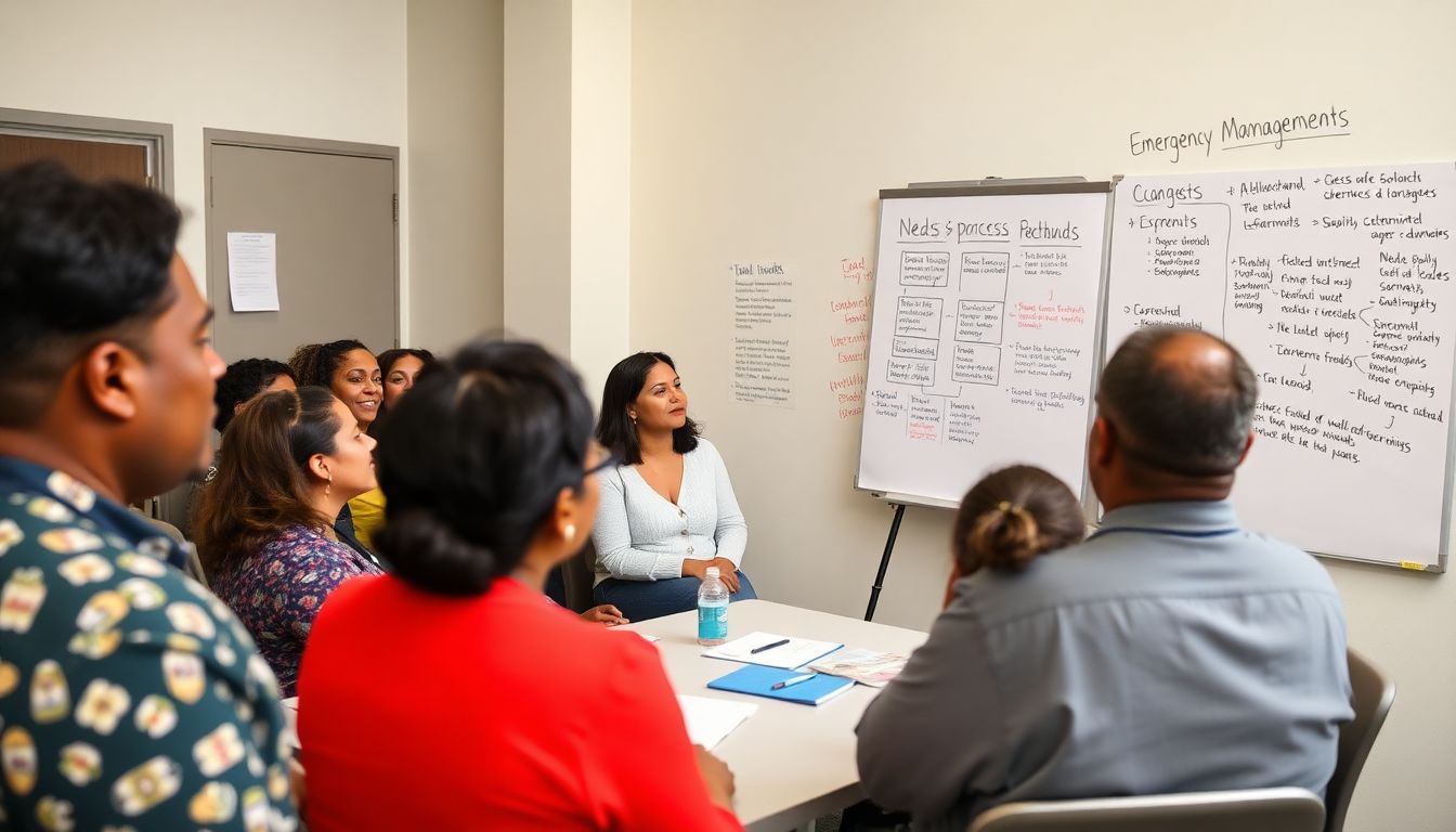A diverse group of community members engaged in a discussion with emergency managers, sharing their needs and concerns, with visual representations of access, process, and outcomes on a whiteboard.