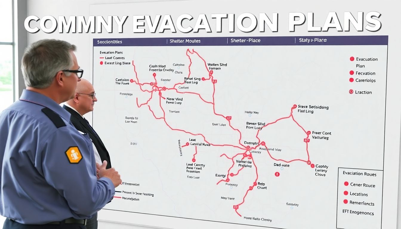 A community evacuation plan illustrated on a map, with clear markings for evacuation routes and shelter-in-place locations, alongside emergency managers discussing the plan.