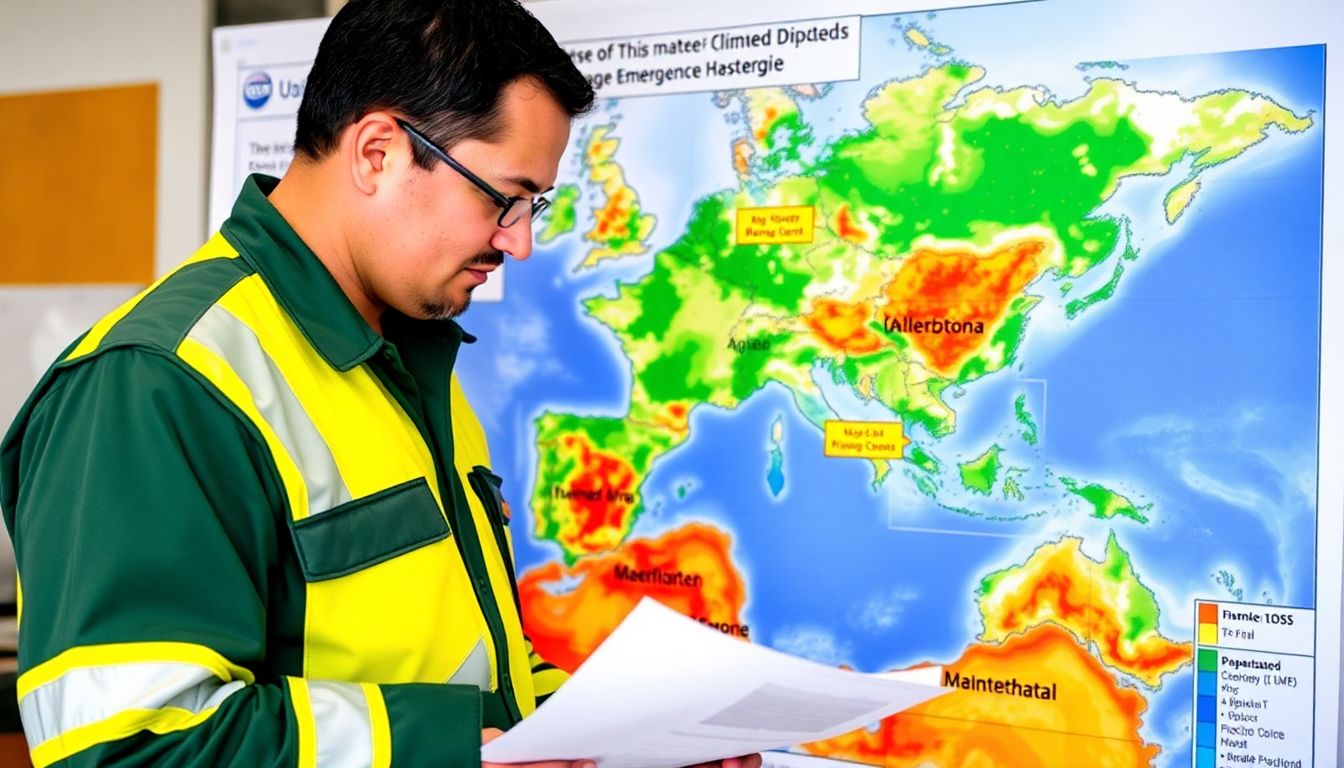An emergency manager studying a climate map, with visualizations of potential climate-related hazards and adaptation strategies highlighted on the map.