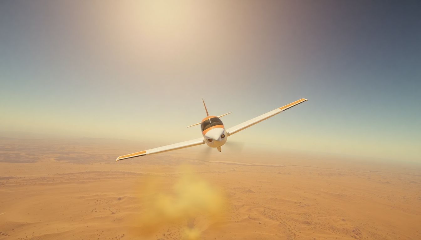 Create a visual of a small aircraft in distress, losing altitude over a desert landscape.