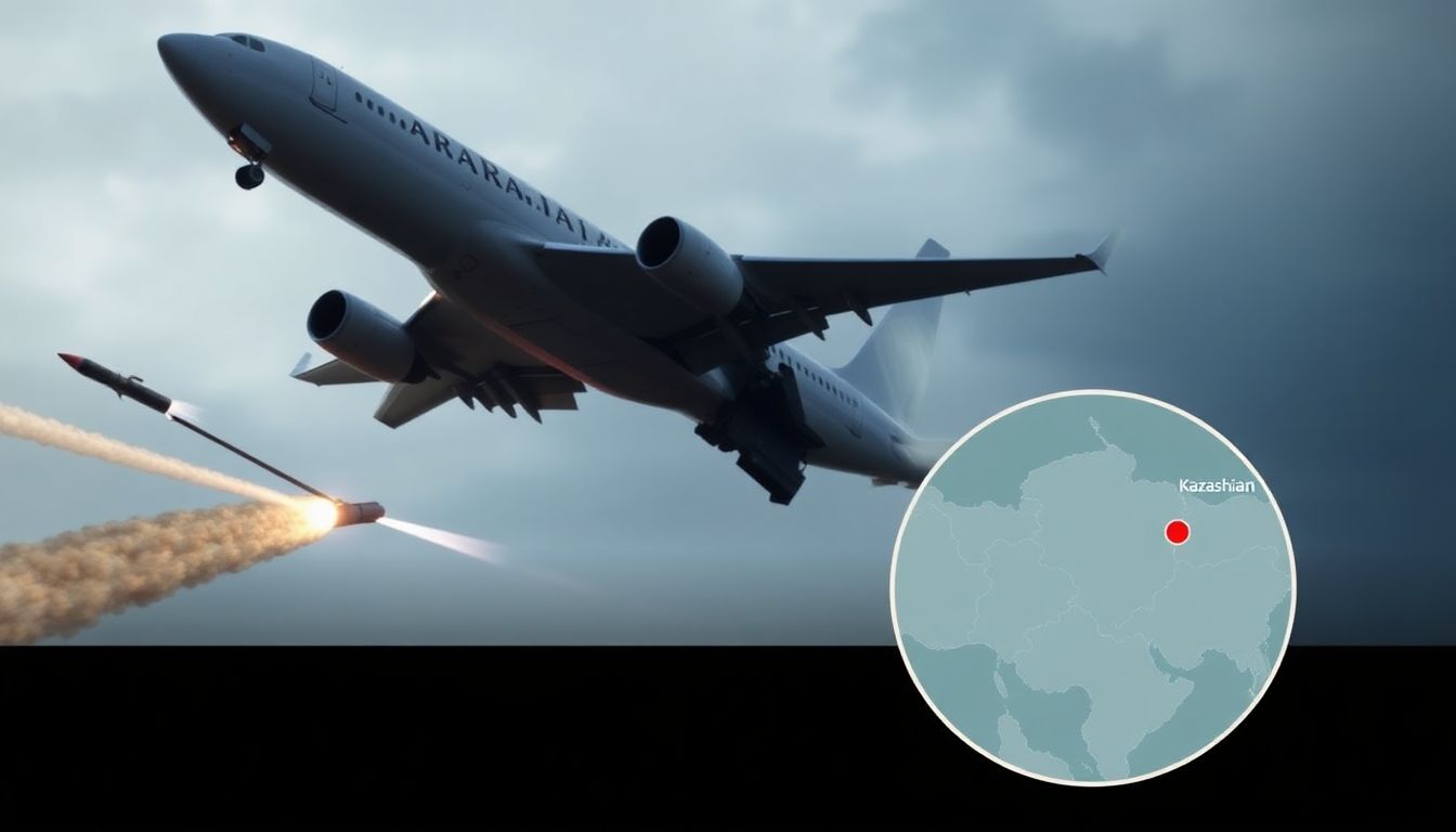 Design a graphic showing a commercial airplane in distress, with a missile trail nearby and a map highlighting the crash site in Kazakhstan.