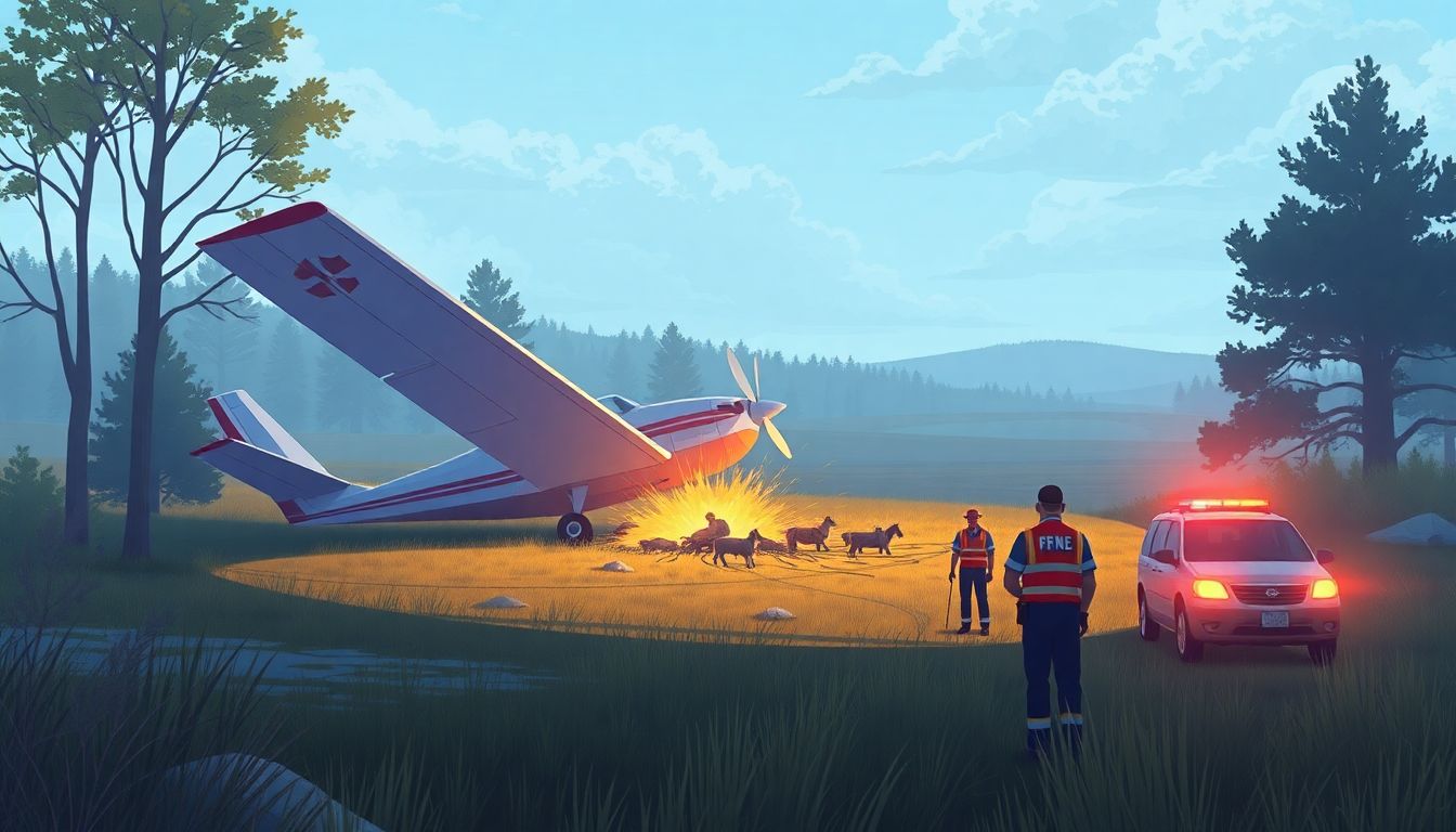 Create an illustration of a small aircraft crashed in a rural area, with emergency responders on the scene.