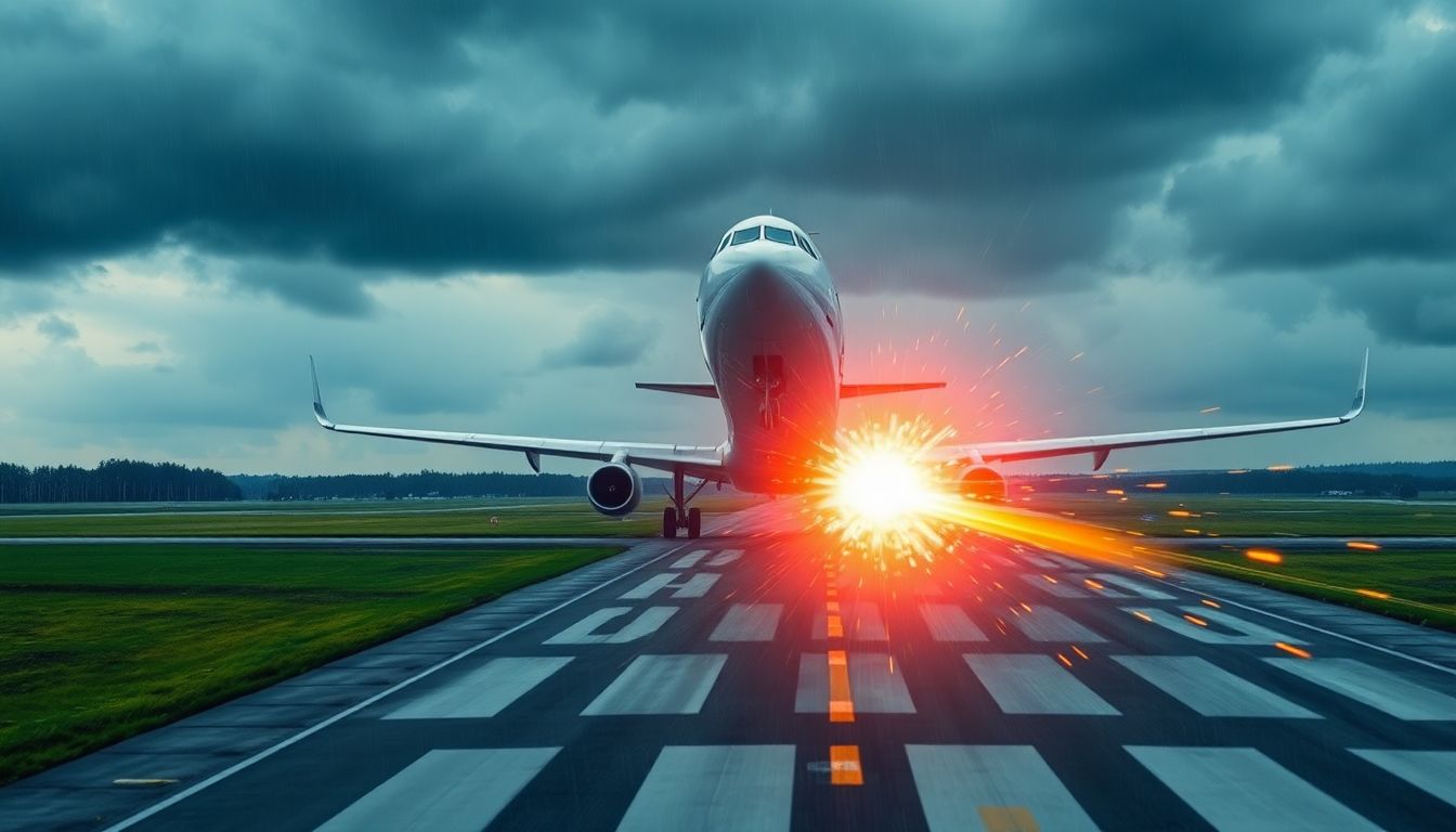 Illustrate a bird strike scenario with a commercial airplane approaching a runway in stormy weather.