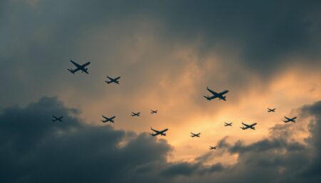 Generate an image of a somber, cloudy sky with multiple airplanes in distress, symbolizing the series of air disasters.