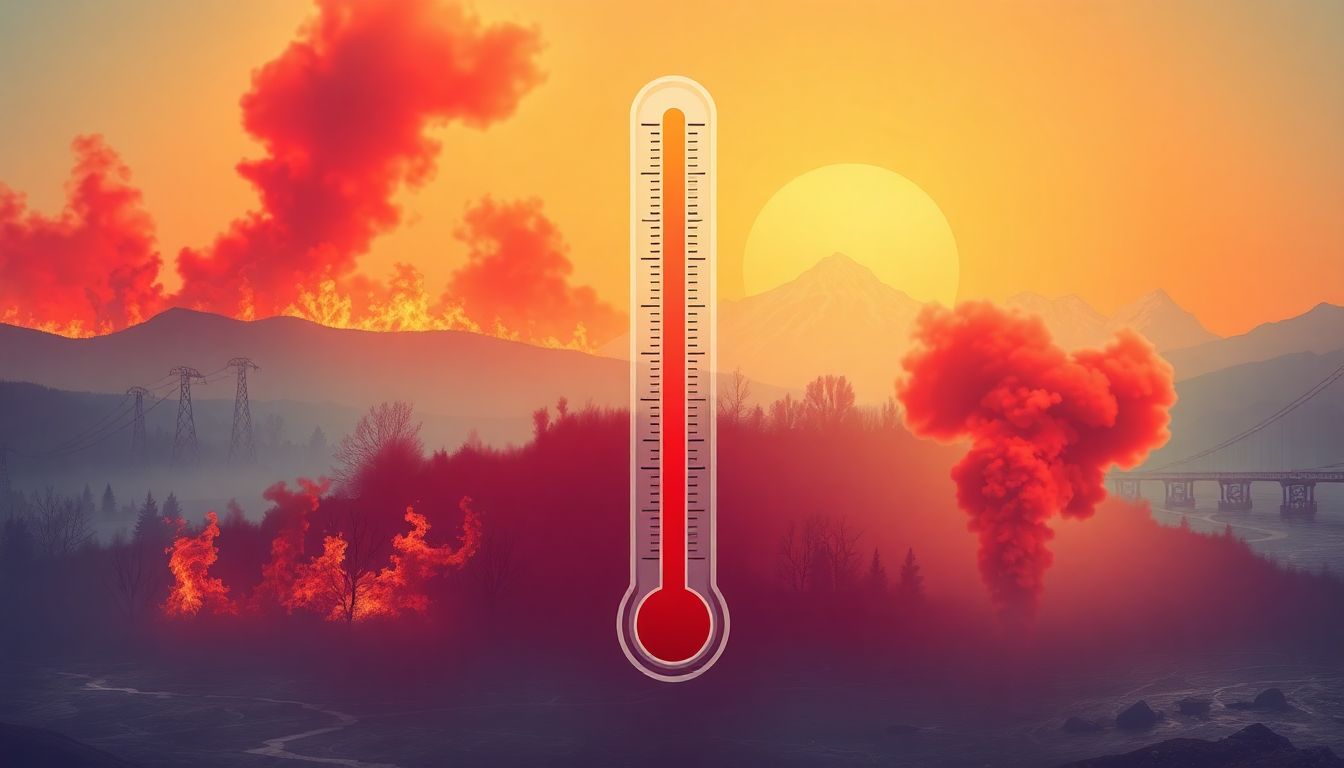 A thermometer rising against a backdrop of wildfires, storms, and floods.