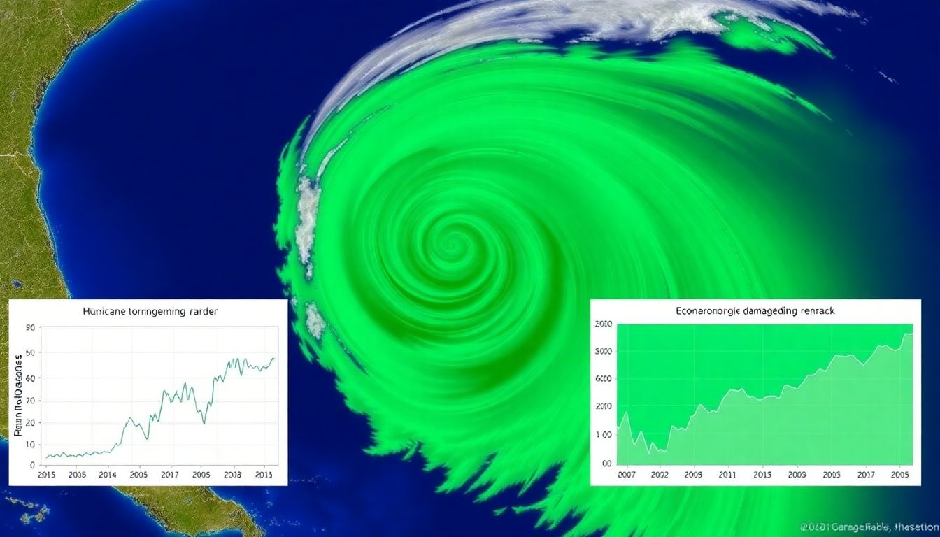 A radar image of a hurricane approaching the coast, with graphs showing economic damages.