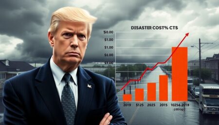 A grim-faced lawmaker standing beside a graph showing rising disaster costs, with a background of storm clouds and flooded streets.