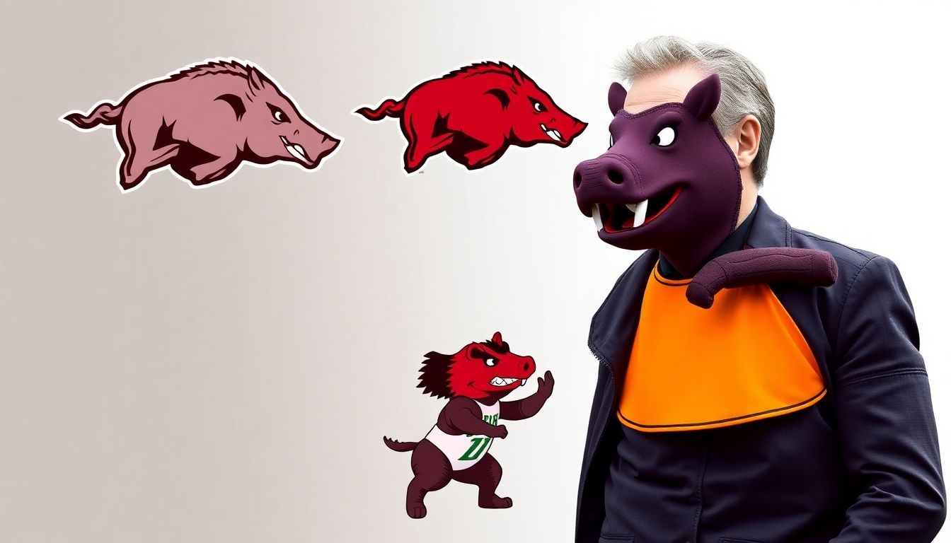 Design an image of John Calipari on the sidelines, with the Arkansas and Oakland logos in the background, and a humorous element like a tiny Oakland mascot challenging a giant Razorback.