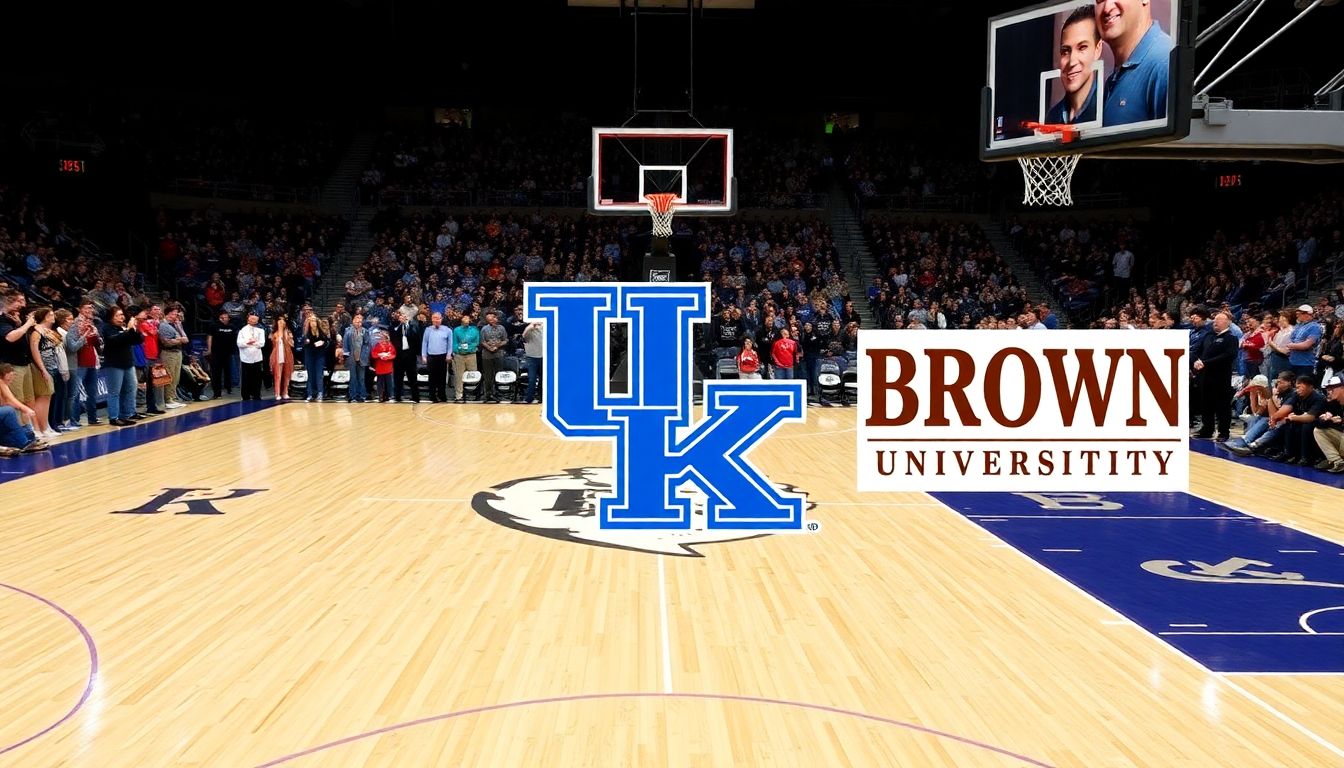 Create an image of a basketball court with the Kentucky Wildcats and Brown University logos, surrounded by enthusiastic fans and a scoreboard ready for action.