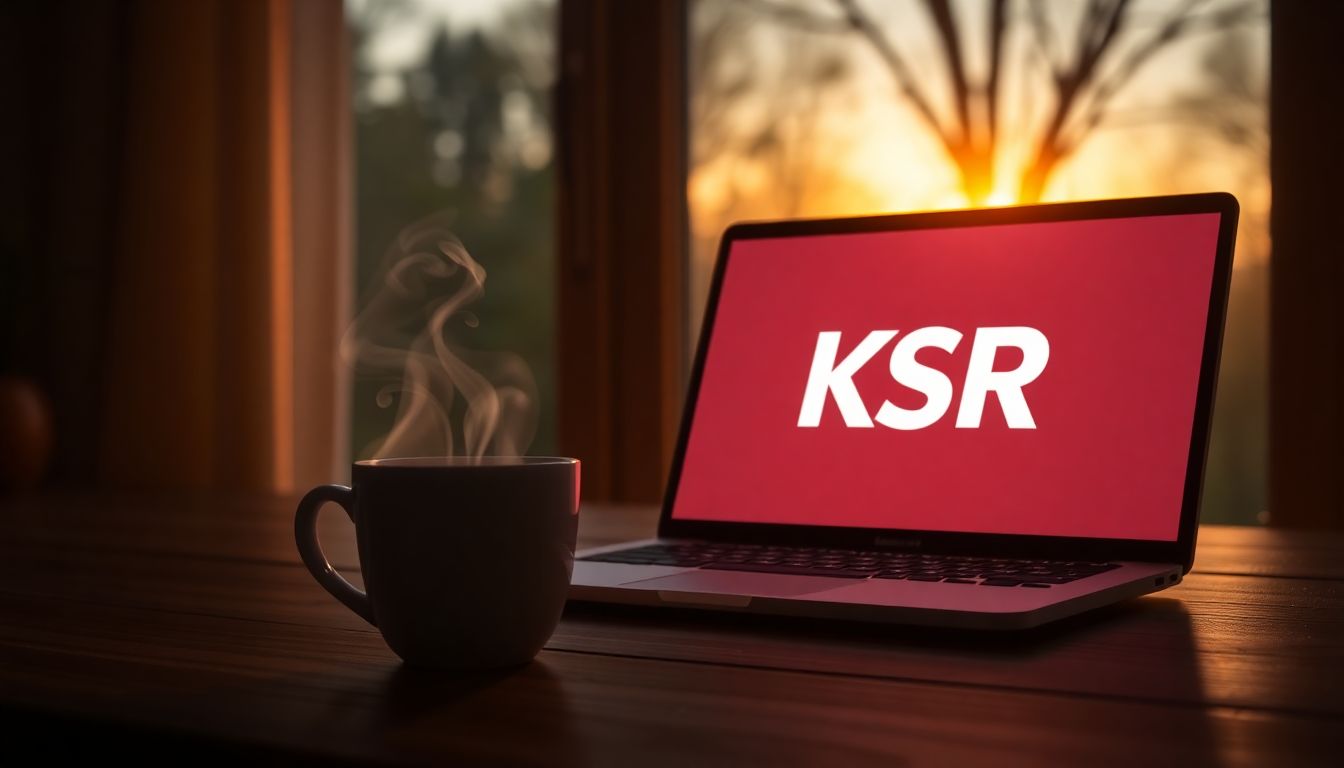 Design an image of a cozy morning scene with a steaming cup of coffee, a glowing laptop screen displaying the KSR logo, and a soft sunrise peeking through the window.