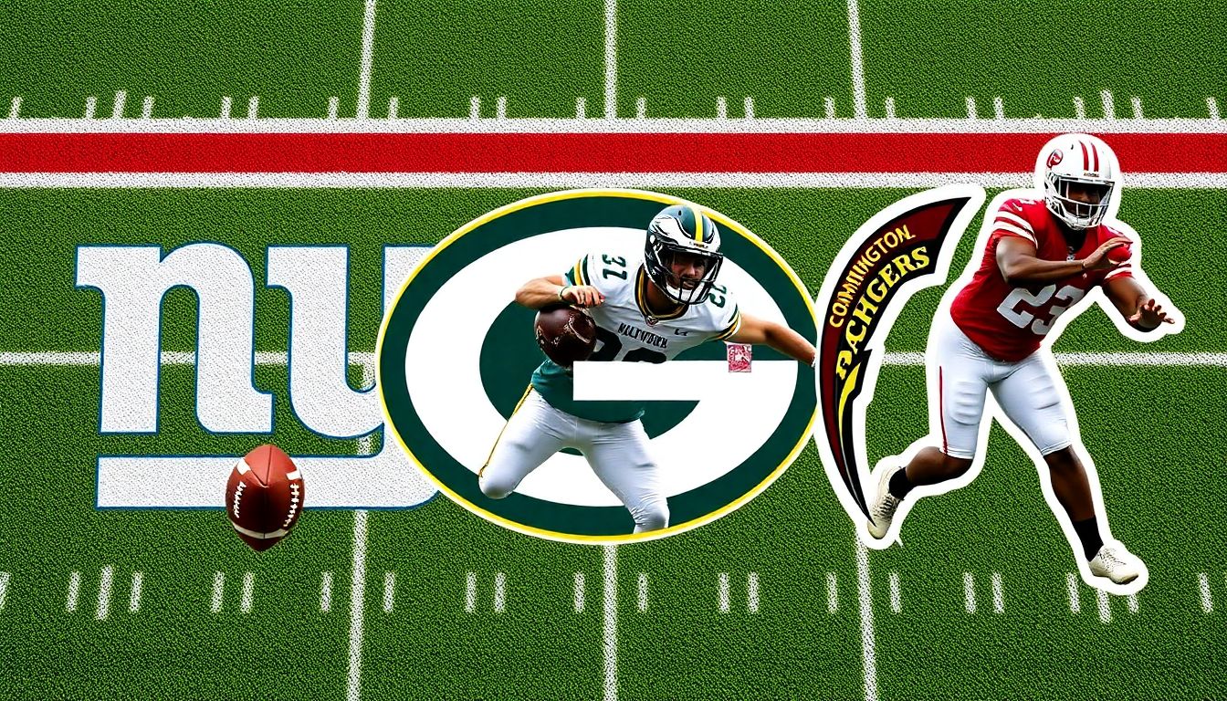 Create an image of a football field with the logos of the New York Giants, Green Bay Packers, and Washington Commanders, featuring action shots of the former Wildcats in their NFL jerseys.