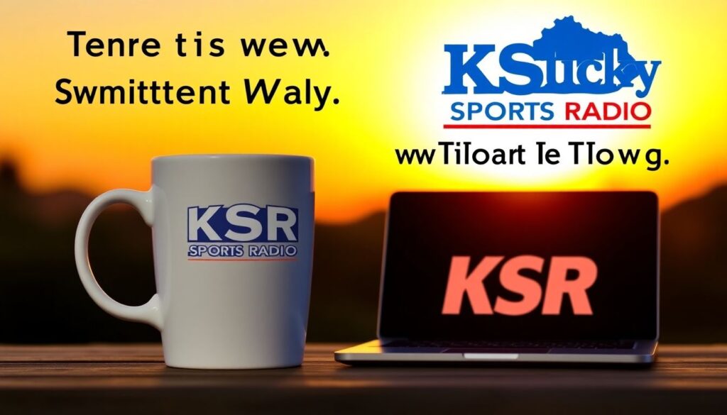 Create an engaging and playful image that captures the spirit of Kentucky Sports Radio, featuring a coffee cup, a laptop with the KSR logo, and a sunrise background, symbolizing the early morning ritual of writing the KSR Today blog.