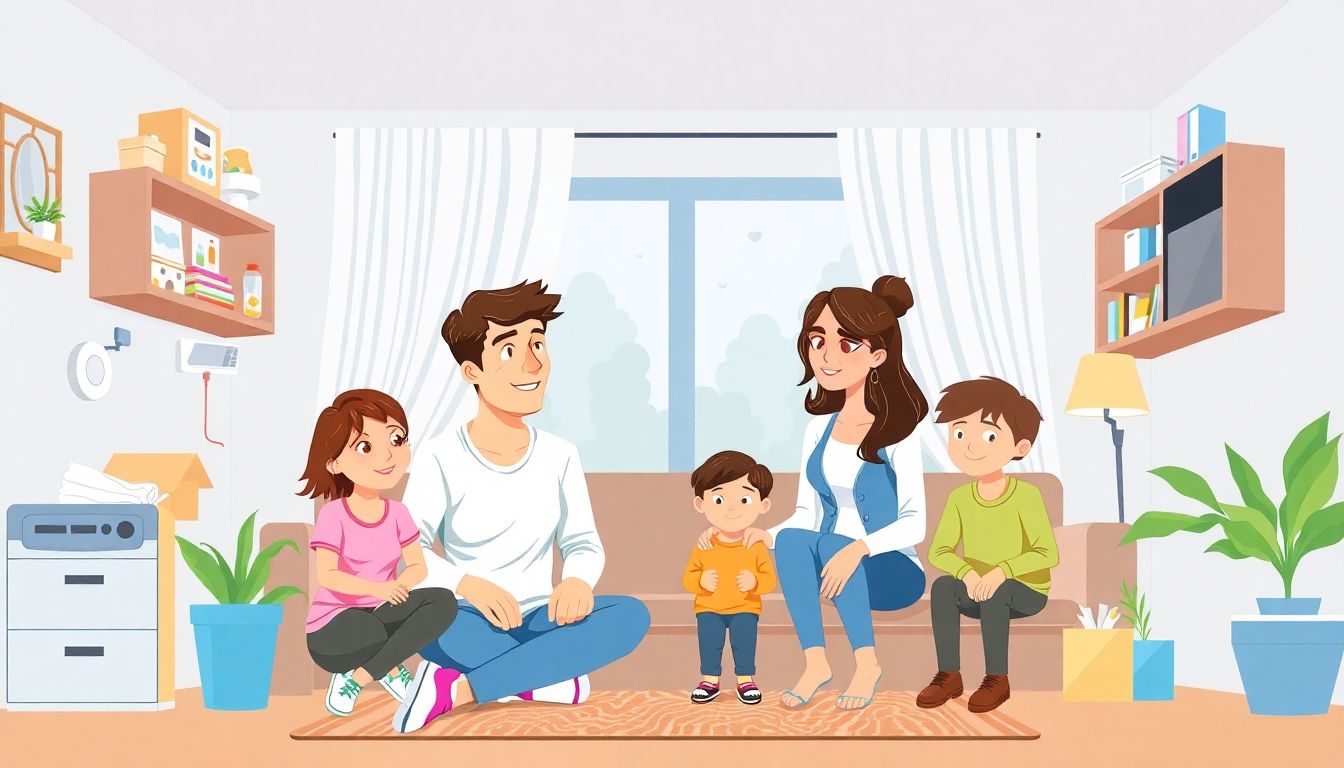 Illustrate a modern family in a well-prepared home, with a focus on individual responsibility and consumer choices. Include elements like emergency supplies, security systems, and a sense of self-sufficiency.