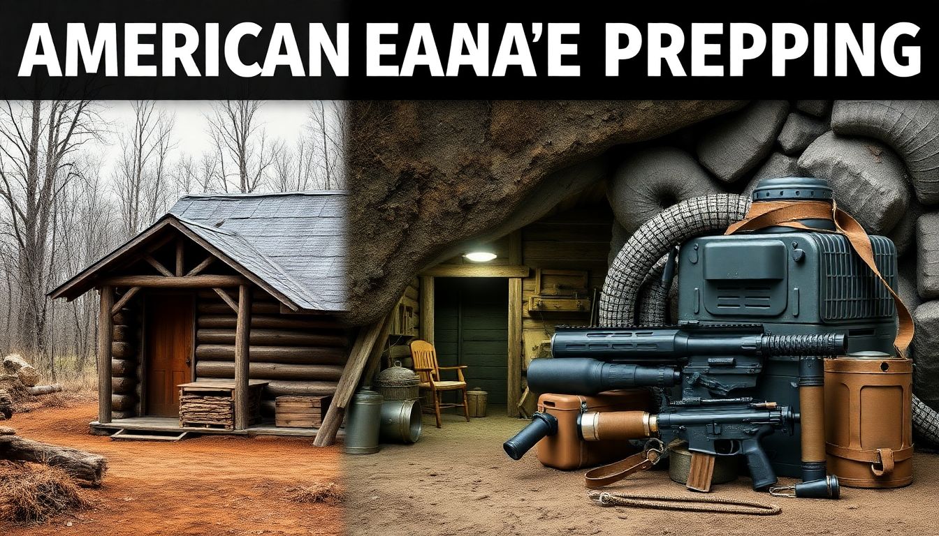 Create an image that combines historical elements of American prepping, such as a homesteader's cabin, a Cold War-era fallout shelter, and modern survival gear. Highlight the evolution of preparedness over time.