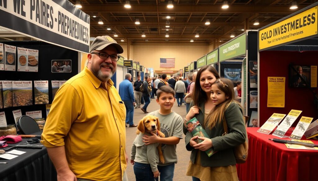 Generate an image of a family at a preparedness expo, with booths showcasing seeds, guard dogs, weapons, and gold investment pamphlets. Include a subtle nod to the diverse ideologies present, with a focus on self-reliance and practical preparations.