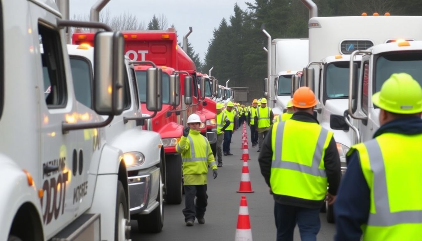 ODOT trucks lined up and ready to go, with crews in reflective gear preparing to hit the roads.