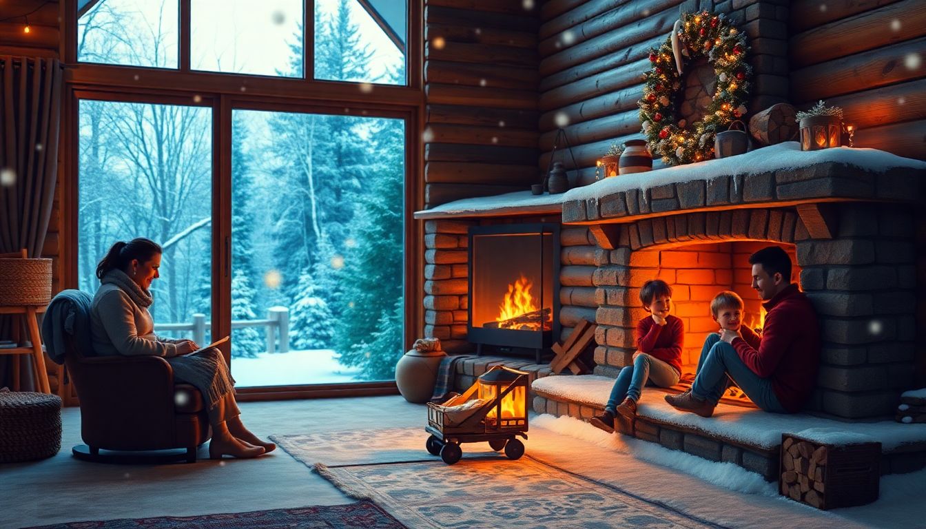 A cozy home with a fireplace, stocked with firewood, and a family enjoying the warmth indoors while snow falls outside.