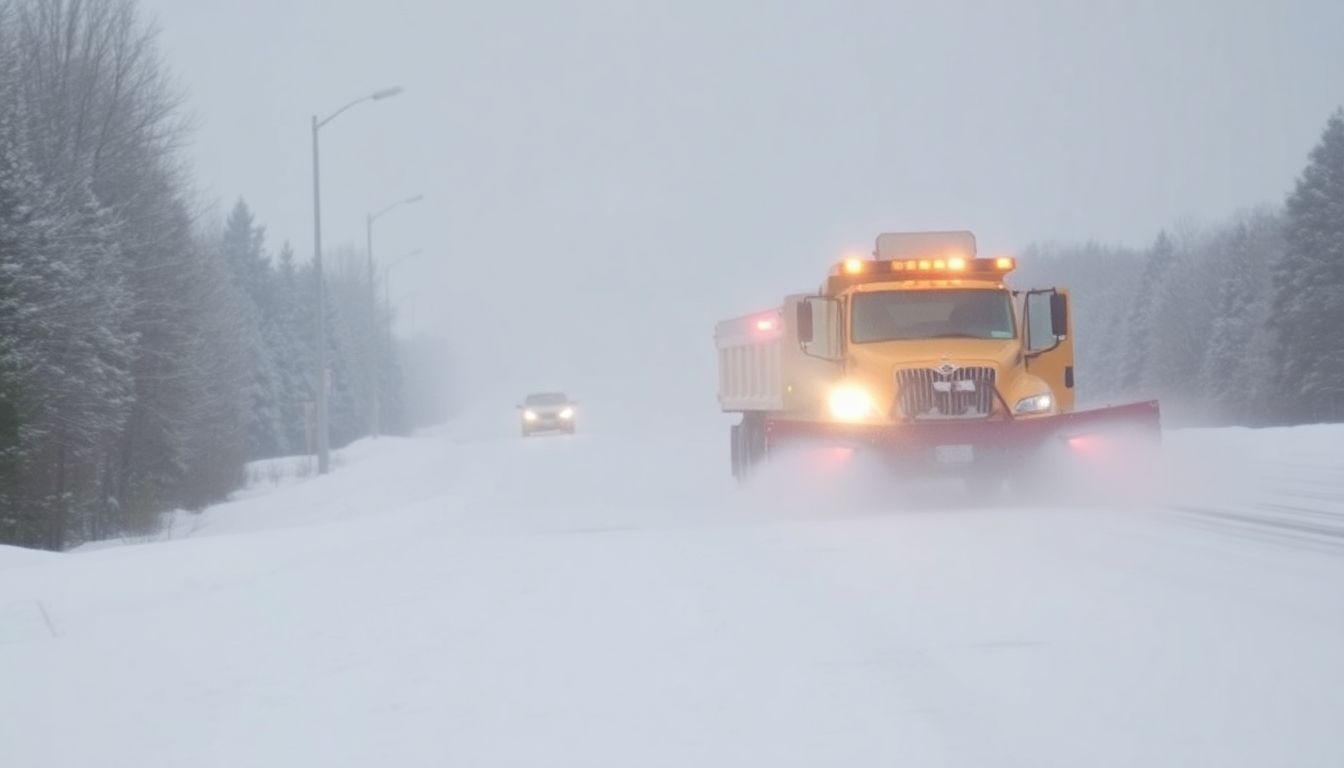 A snowplow spreading salt on a snowy road, with a car following at a safe distance.