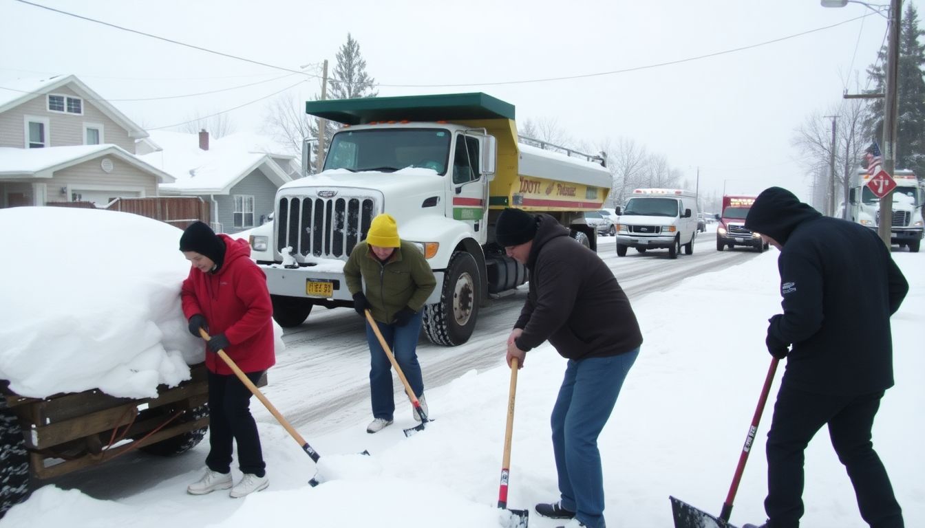 Neighbors helping each other shovel snow, with ODOT trucks in the background clearing the roads.