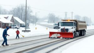 Generate an image of a snowy landscape in Ashtabula County with residents shoveling snow and ODOT trucks plowing the roads.