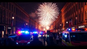 Generate an image of a chaotic New Year's Eve scene in Germany with fireworks exploding in the background, emergency vehicles with flashing lights, and crowds of people in the streets.