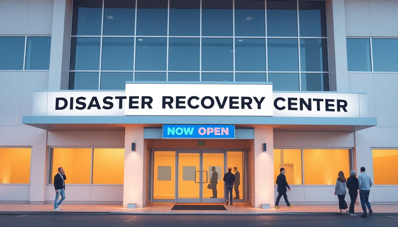 Design an image of a Disaster Recovery Center with a 'Now Open' sign and people entering the building.