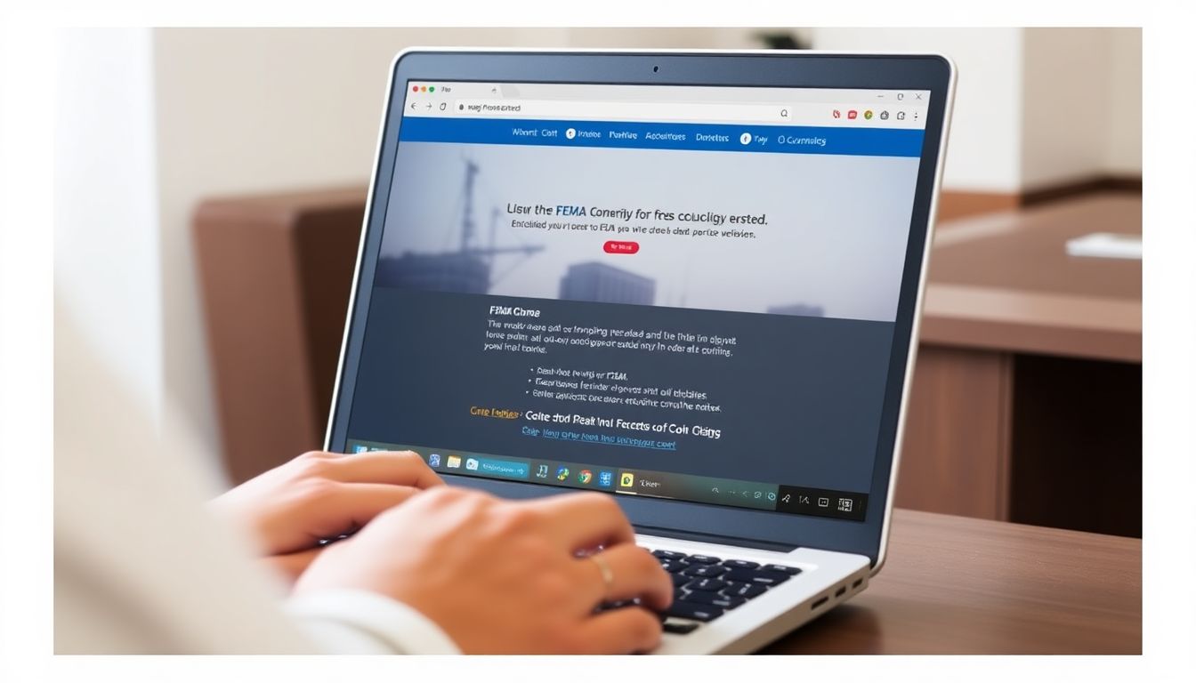 Create an image of a person using a laptop to access FEMA's website, with important information highlighted on the screen.