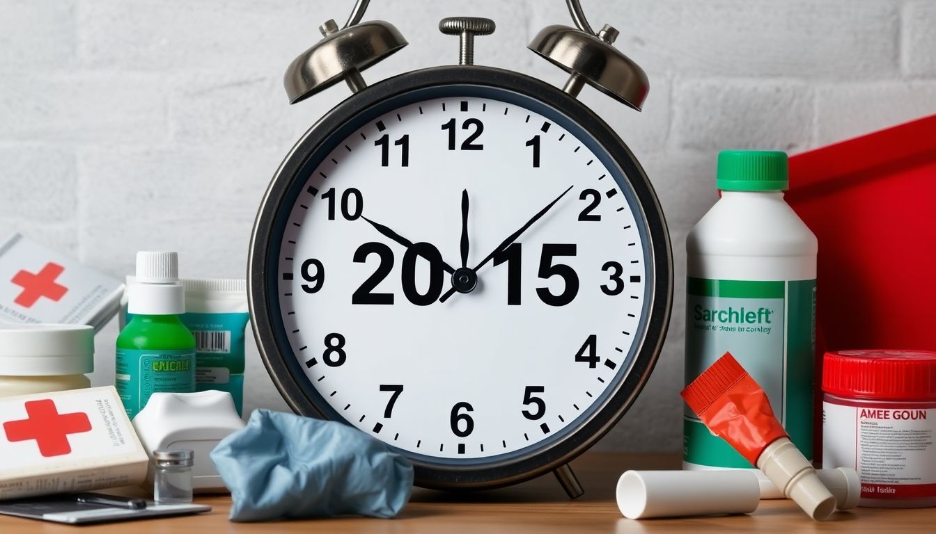 Generate an image of a clock with the deadline date prominently displayed, surrounded by relief supplies.