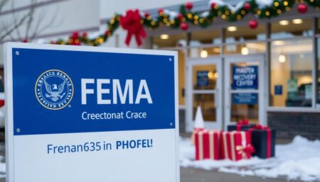 Generate an image of a FEMA signage in front of a closed Disaster Recovery Center with a festive holiday background.