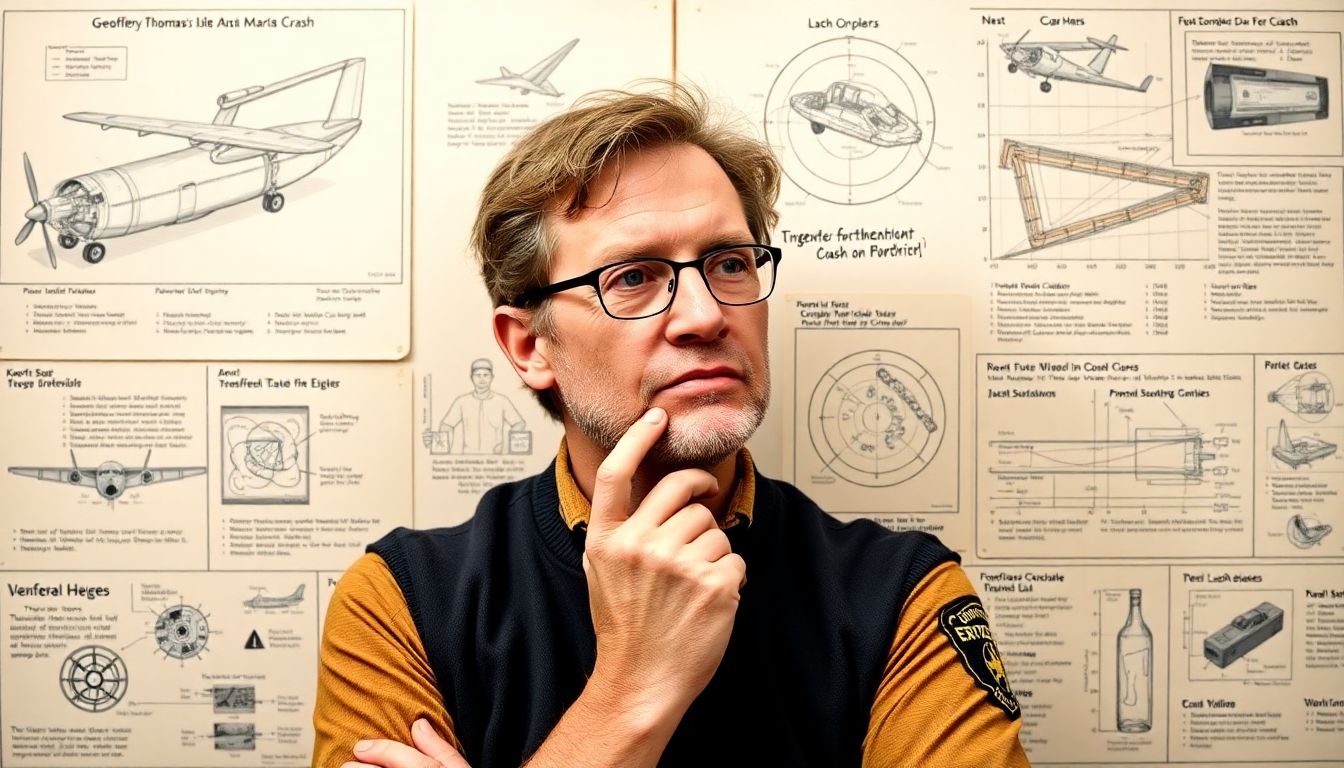 A portrait of Geoffrey Thomas in a thoughtful pose, surrounded by diagrams and charts explaining the technical aspects of the crash.