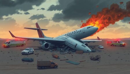 An illustration of a crashed plane with debris scattered around, emergency vehicles surrounding the scene, and a somber mood depicted through dark clouds and muted colors.