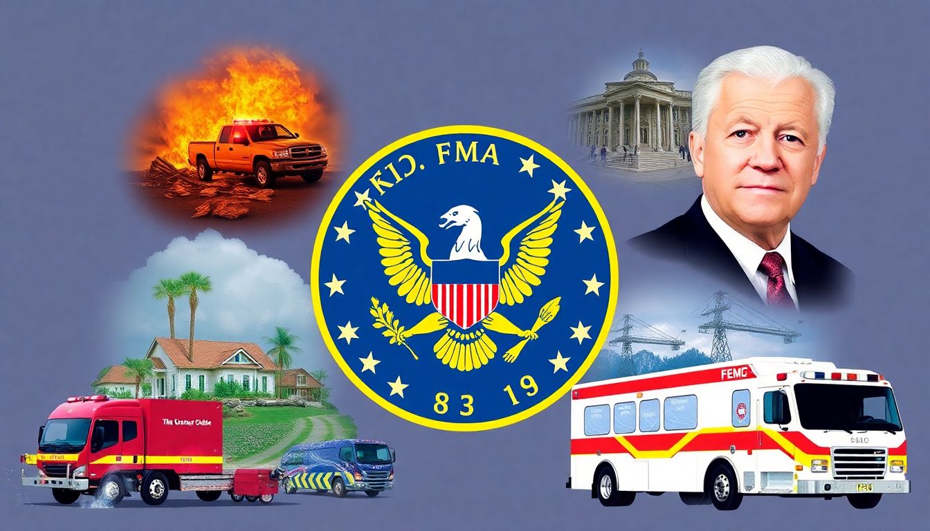 An illustration of the FEMA logo surrounded by images of natural disasters and emergency response vehicles, with Jimmy Carter in the background.