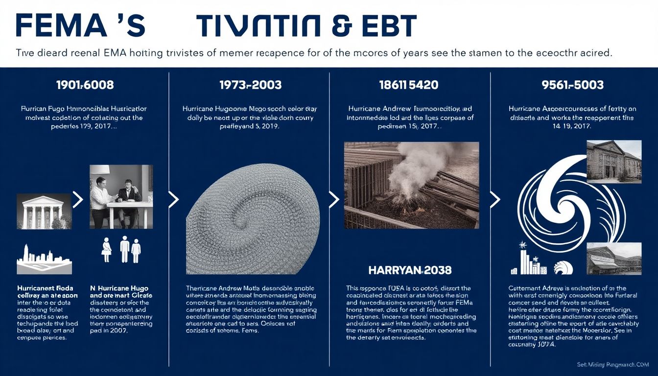 A visual representation of FEMA's evolution, showing key disasters and the agency's response over the years, with a focus on Hurricane Hugo and Hurricane Andrew.