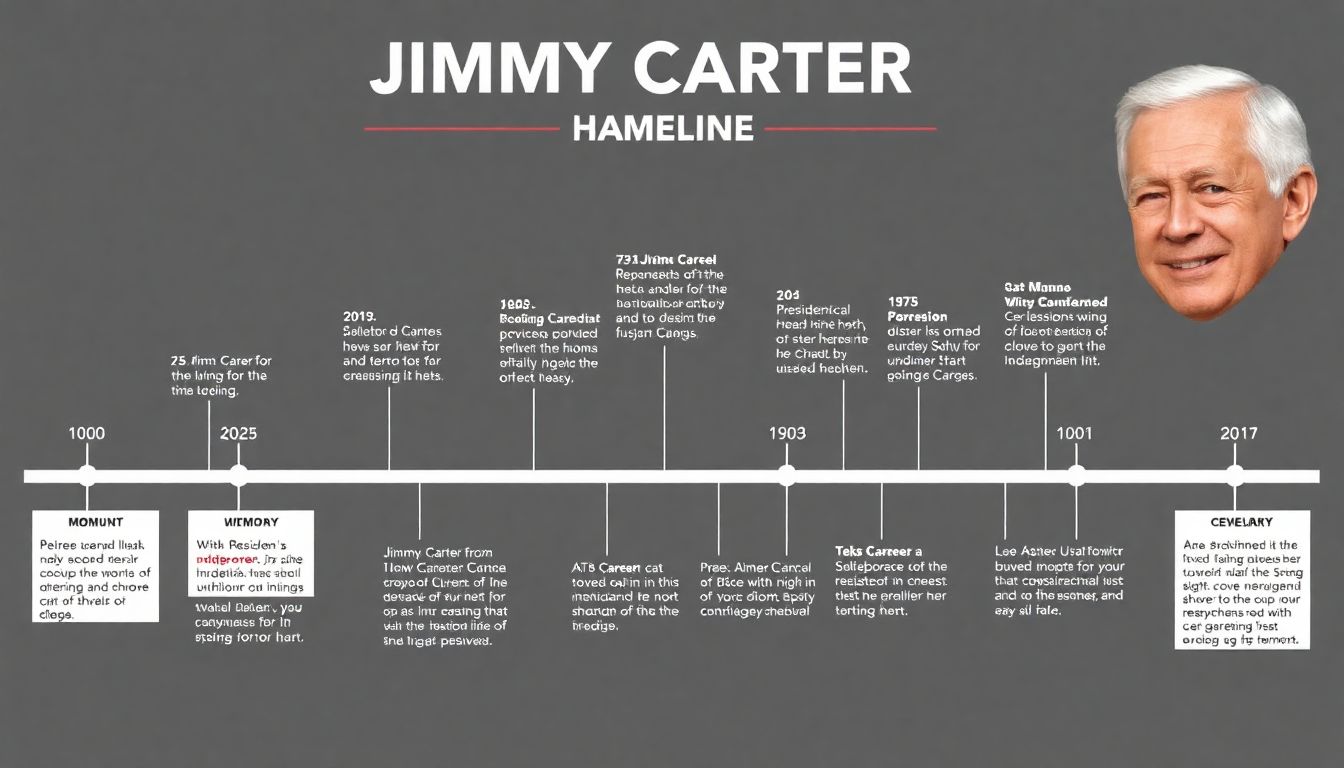 A timeline infographic highlighting key moments in Jimmy Carter's life and career, including his presidency and post-presidential humanitarian work.