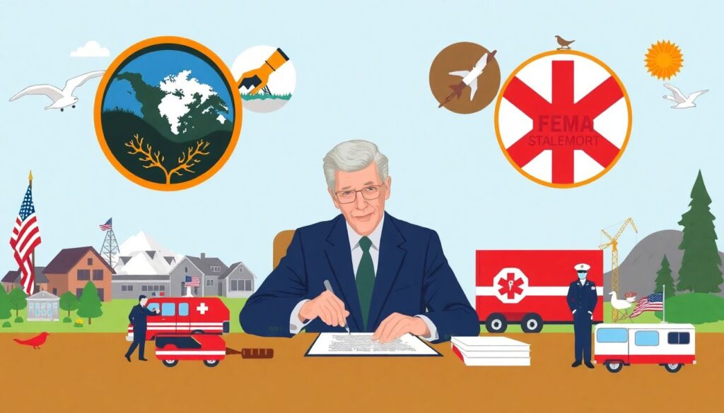 Create an illustration depicting Jimmy Carter signing the executive order that established FEMA, surrounded by symbols of various natural disasters and emergency response teams.